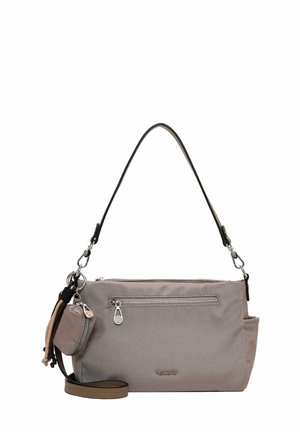 Sac à main rectangulaire taupe avec bandoulière amovible, poche avant zippée, et petite pochette zippée attachée avec détail pompon.