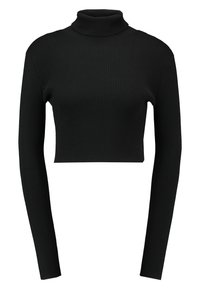 Czarny, krótki sweter z golfem i długimi rękawami, wykonany z prążkowanego materiału, o dopasowanym kroju i teksturowanej powierzchni.