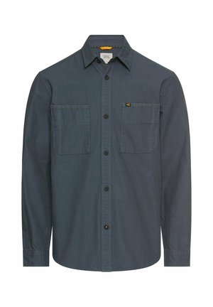 Dark blue long-sleeve shirt with button-down collar, two chest pockets, and contrasting stitching. Features a subtle texture and front buttons.