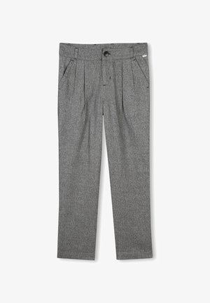 Grijze geweven broek met een recht ontwerp, voorzien van voorplooien, een knoopsluiting en zijzakken. Soepele stofstructuur.