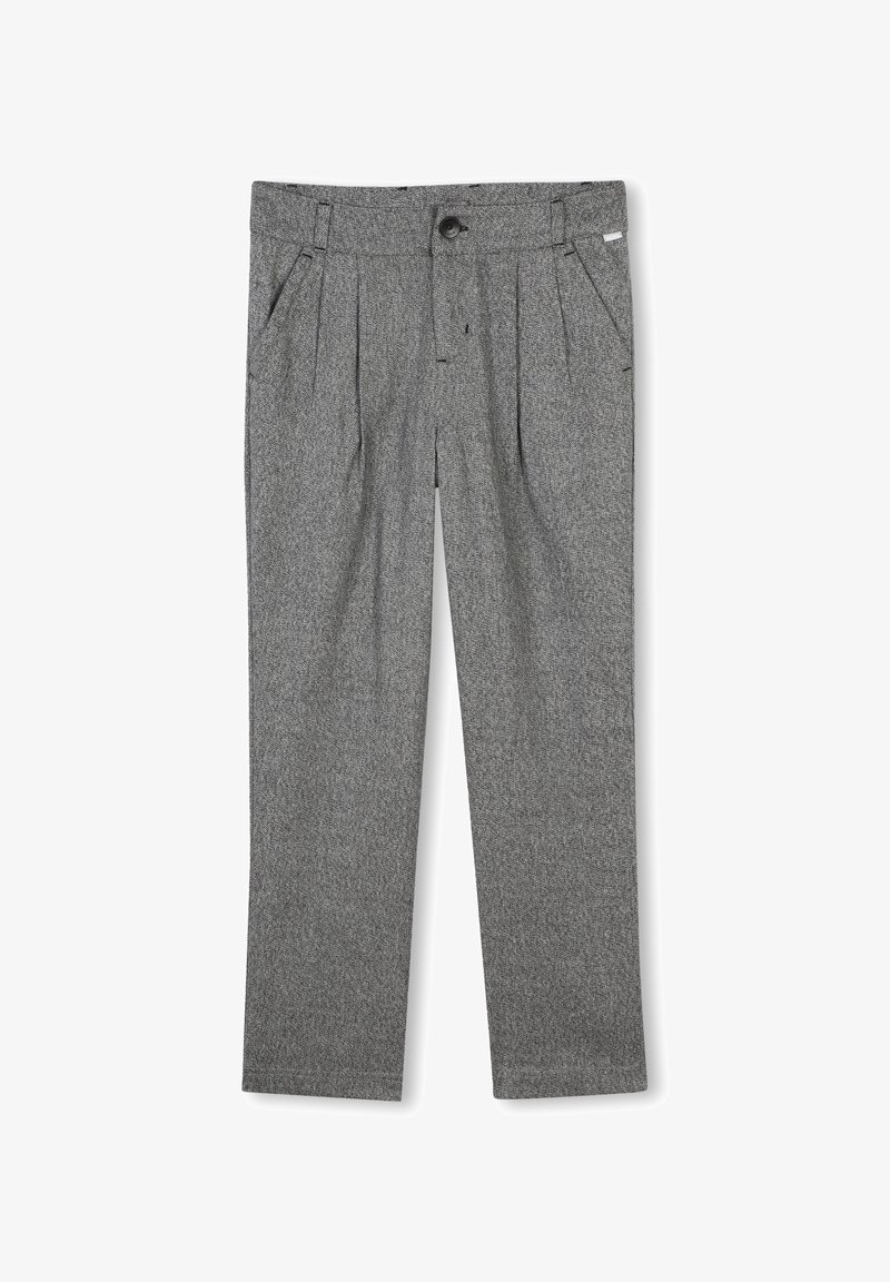 Pantalons tissés gris avec une coupe droite, présentant des plis sur le devant, une fermeture à bouton et des poches latérales. Texture de tissu lisse.