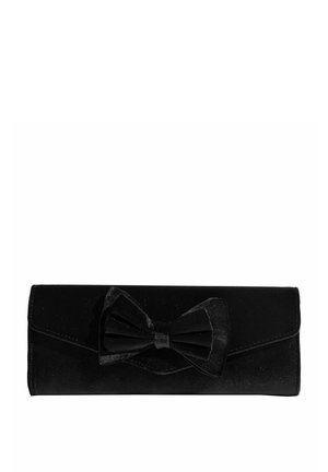 Black velvet clutch with a bow accent, rectangular shape, and a flap closure. Features a soft texture and subtle sheen.