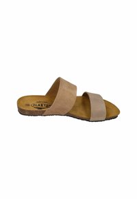 Beige suede slide sandals with two wide straps, open toe, cushioned footbed, and textured rubber outsole. Size 38, made in Spain.