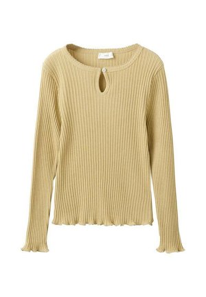 Žebrovaný dlhý rukáv v svetlo béžovej farbe, s okrúhlym výstrihom so štrbinou a volánikovým lemovaním na rukávoch a spodnej časti.