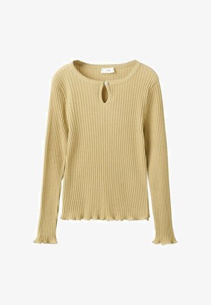 Top z dolgimi rokavi z rebrastim vzorcem v svetlo bež barvi, z okroglo izrezom z odprtino v obliki kapljice in nabranim robom na rokavih ter spodnjem delu.