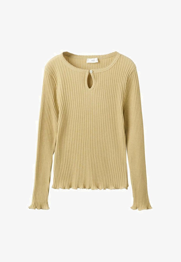 Top a maniche lunghe a coste in beige chiaro, con scollo rotondo caratterizzato da uno spacco a goccia e orlo arricciato sulle maniche e sul fondo.