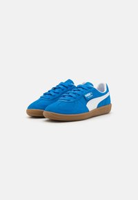 Blauwe suède sneakers met witte accenten en een gumrubberen zool. Voorzien van een ronde neus en een klassieke vetersluiting. Merknaam weergegeven op de zijkant.