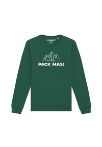 Sweat-shirt vert à manches longues, col arrondi, avec un graphique de montagnes sur le devant et le texte "PACK MAS !" en blanc. Texture douce, design décontracté.