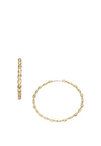 Goldfarbene Ohrringe mit einem gedrehten Design, das glatte und strukturierte Elemente kombiniert; kleine Akzente von klaren Steinen sind im Creolenstil vorhanden.