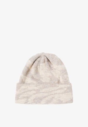 Strickmütze in hellbeige mit einem strukturierten Muster, ausgestattet mit einem schmalen umgeschlagenen Bündchen und einer gerafften Oberseite. Weiches, warmes Material.