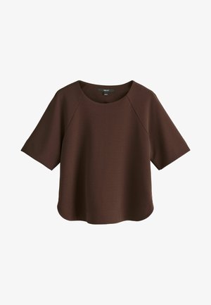 Brown short-sleeve women's blouse with crew neck and relaxed fit, made of smooth fabric, shown on a white background.