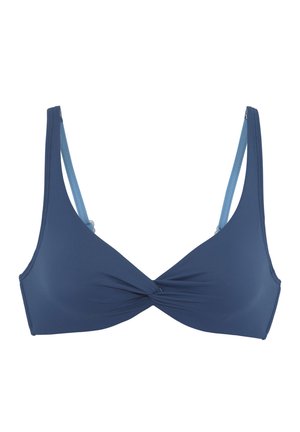 Marineblaues Bikinioberteil mit dünnen hellblauen verstellbaren Trägern und einem zentralen gedrehten Stoffdetail.