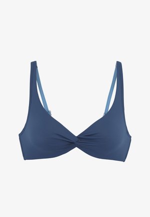Marineblaues Bikinioberteil mit dünnen hellblauen verstellbaren Trägern und einem zentralen gedrehten Stoffdetail.