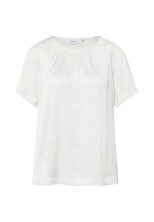 Biała bluzka z krótkim rękawem, okrągłym dekoltem, subtelnymi zakładkami z przodu i niewielkim rozcięciem z przodu.