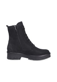 Schwarze Knöchelstiefel aus strukturiertem Wildleder, mit einer Schnürung vorne, einem seitlichen Reißverschluss und einer robusten Gummisohle mit geriffeltem Design.