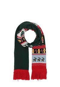 Sciarpa a tema natalizio caratterizzata da un tessuto verde scuro con motivi lavorati a maglia in rosso, blu e bianco, tra cui omini di pan di zenzero e renne, rifinita con frange.