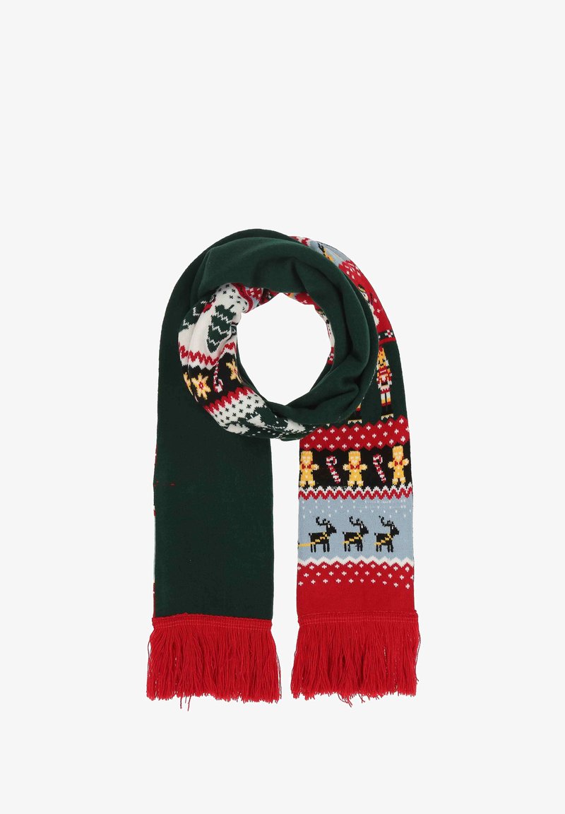 Christmas-themed scarf featuring dark green fabric with red, blue, and white knitted patterns including gingerbread men and reindeer, finished with fringes.