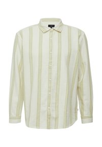 Jasny, długozimny shirt z zielonymi pionowymi paskami, z kołnierzykiem, zapinany na guziki z przodu i klasycznymi mankietami.