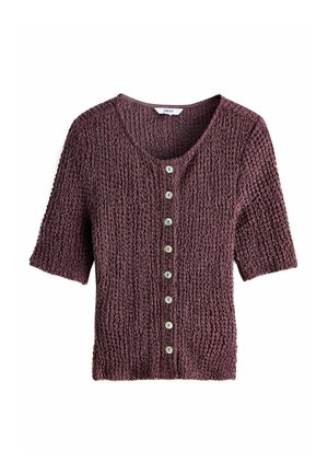 Cardigan cu mâneci scurte, tricotat cu textură, de culoare mauve închis, cu decolteu rotund și un rând de nasturi mici și rotunzi pe partea din față.