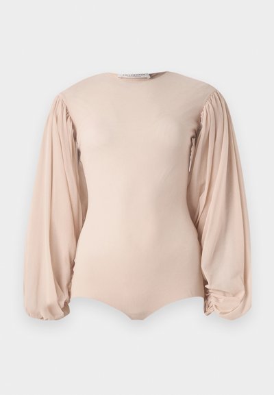Nude long-sleeve bodysuit with puffed sleeves and a rounded neckline. Made from soft, stretchy fabric with a smooth texture.