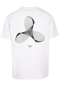 White cotton t-shirt featuring a black geometric design with curved lines on the back, and the word "FANTASTIC" in black above a star.