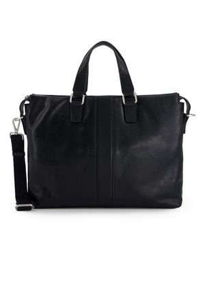 Czarna skórzana teczka z dwoma uchwytami i odpinanym paskiem na ramię, prostokątny kształt, minimalistyczny design, centralny pionowy szew.