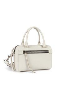 Borsa a mano strutturata in pelle bianca con due manici superiori, una tracolla rimovibile e una tasca frontale con zip. Finitura texture, design minimalista.