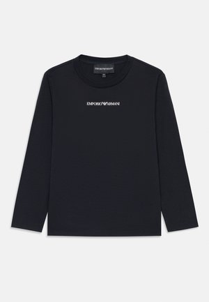 Black long-sleeve t-shirt made of soft fabric, featuring a crew neckline and a white logo print on the chest. Simple design, slim fit.