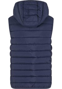 Gilet matelassé marine avec capuche, présentant un design matelassé horizontal, une texture de tissu lisse et des côtés ouverts pour la ventilation.