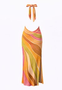 Jupe longue multicolore à rayures courbes en orange, rose, vert et tons moutarde avec un lien halter assorti.