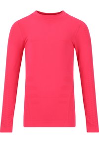 T-shirt à manches longues en rose vif, fabriqué à partir d'un matériau extensible et respirant. Présente des panneaux texturés et une silhouette ajustée pour un confort accru.