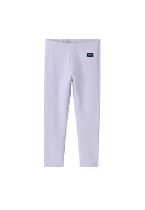 Hellviolette Leggings für Kleinkinder mit kleinem schwarzem P.O.P-Logo auf dem oberen linken Oberschenkel, elastischem Bund und ohne sichtbare Taschen oder Muster.