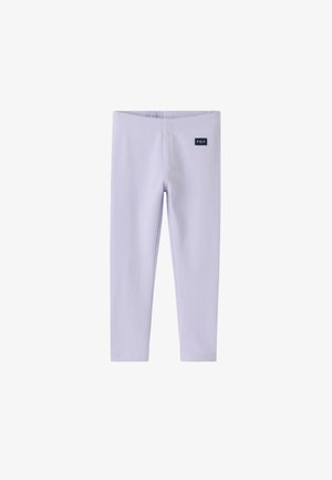 Lyse lilla leggings til småbørn med en lille sort P.O.P-logo på den øverste venstre lår, elastik i taljen og uden synlige lommer eller mønstre.