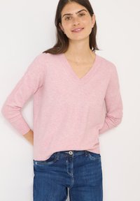 Suéter rosa de cuello en V con mangas largas, tejido texturizado, corte relajado, combinado con jeans de mezclilla azul oscuro. Diseño sencillo, sin acentos notables.