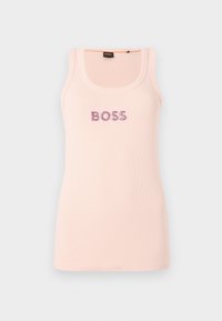 Vaaleanpunainen ribbipaita, jossa on edessä hohtavat "BOSS"-logokoristeet. Pyöreä kaula-aukko ja hihaton muotoilu.