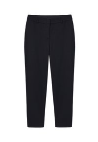 Pantalon noir sur mesure à coupe slim, avec un devant plat, des passants pour ceinture et une texture lisse, conçu pour un look contemporain.