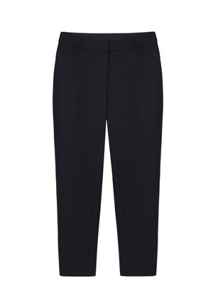 Schwarze, maßgeschneiderte Hose mit schmaler Passform, ausgestattet mit flacher Vorderseite, Gürtelschlaufen und glatter Textur, entworfen für einen zeitgenössischen Look.