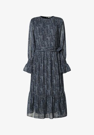 Abito blu navy con maniche lunghe in velo, vita arricciata e orlo svasato. Presenta un delicato motivo di linee verticali e sottili motivi floreali.