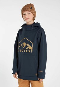 Giacca impermeabile blu navy con cappuccio, caratterizzata da una grafica dorata di montagne e un logo sulla parte anteriore. Polsini texturizzati e vestibilità rilassata.