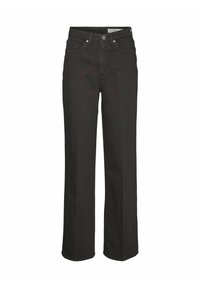 Pantalones de mezclilla negros con un diseño de pierna ancha, estilo de cinco bolsillos, cierre frontal con botón y detalles de costura sutiles.