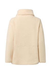 Beige fleece-pullover med hög krage, med strukturerad tyg och avslappnad passform. Bakifrån syns inga synliga knäppningar eller utsmyckningar.