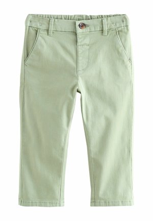Light green cotton pants with a straight-leg design, two front pockets, a single button closure, and contrast stitching.