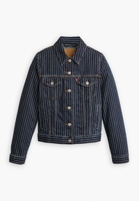 Tummafarkkutakki, jossa pystysuoria valkoisia raitoja, klassinen kaulus, edessä nappikiinnitys, kaksi rintataskua ja pitkät hihat nappirannekkeilla.