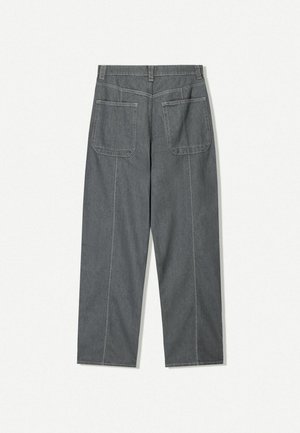 Gray denim pants with a straight-leg cut, featuring two back pockets and contrasting stitching along the seams. Smooth texture, minimal detailing.