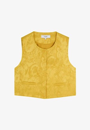 Yellow sleeveless vest made from textured fabric, featuring a subtle pattern and two front pockets. Simple round neckline and open front.