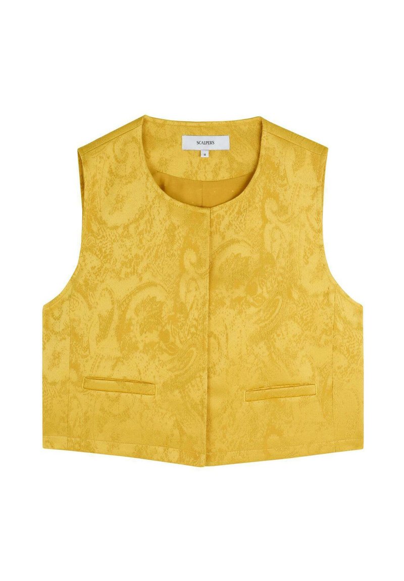 Geel mouwloos vest gemaakt van textured stof, met een subtiel patroon en twee voorzakken. Eenvoudige ronde halslijn en open voorkant.