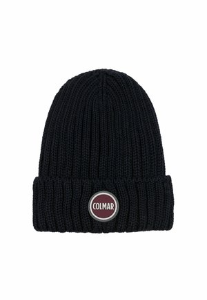 Gebreide marineblauwe beanie met een omgeslagen rand. Beschikt over een ronde Colmar-logo label in bordeauxrood en zilver. Ribbelstructuur overal.