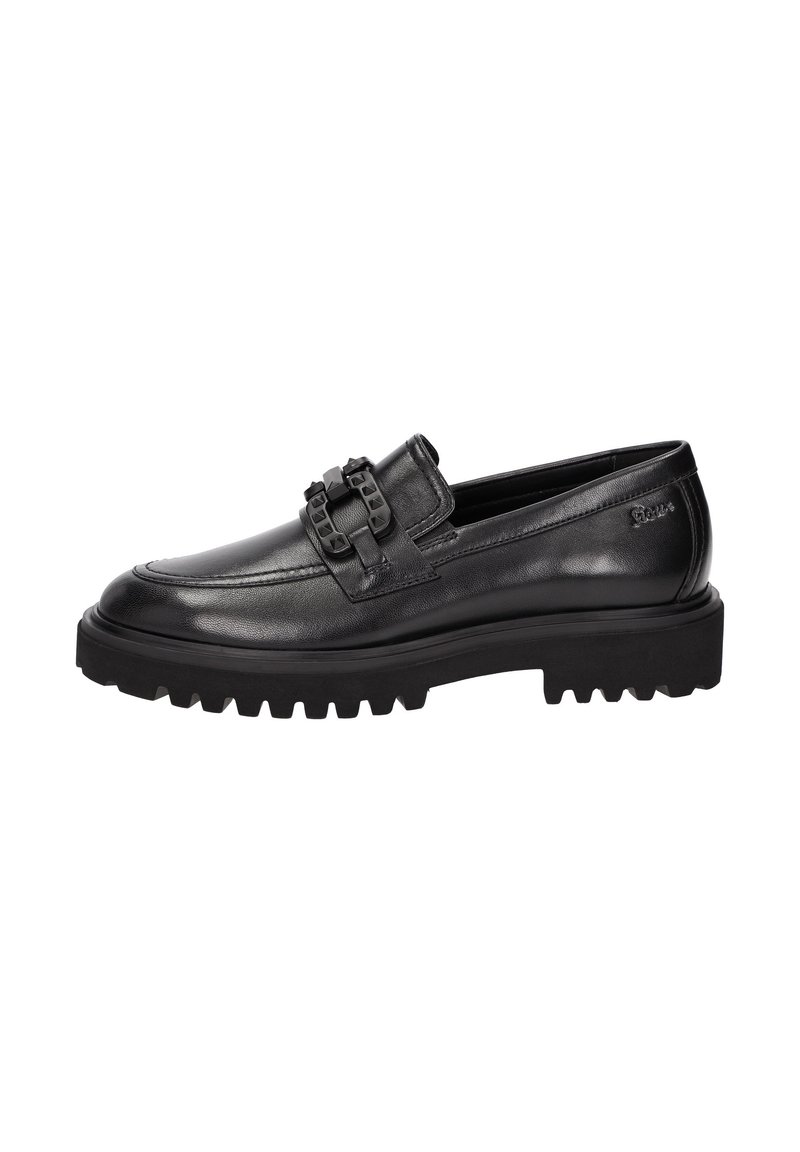 Zwarte leren loafers hebben een gestructureerde afwerking en een dikke, robuuste zool. Versierd met twee decoratieve gespen aan de voorkant.