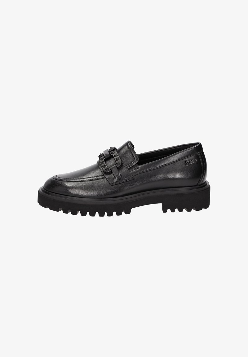 Zwarte leren loafers hebben een gestructureerde afwerking en een dikke, robuuste zool. Versierd met twee decoratieve gespen aan de voorkant.