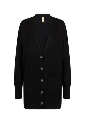Schwarze, langärmelige Strickjacke mit Knopfleiste, V-Ausschnitt, zwei Taschen vorne sowie gerippten Bündchen und Saum.